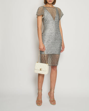 Pearl Street Bags Chanel Silver Metallic Tweed Crochet Lace V-Neck Midi Dress FR 34 (UK 6)