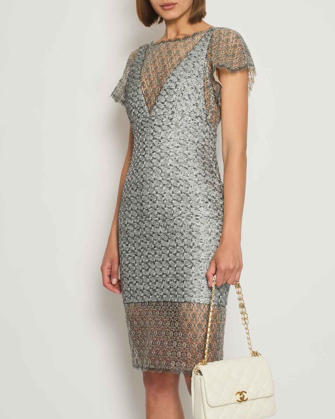 Pearl Street Bags Chanel Silver Metallic Tweed Crochet Lace V-Neck Midi Dress FR 34 (UK 6)