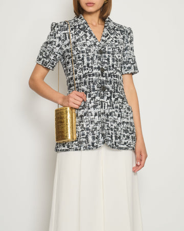 Pearl Street Bags Chanel 15S Navy, White and Black Metallic Thread Short-Sleeve Tweed Jacket with Silver Button Size FR 36 (UK 8) RRP ¬£3,000