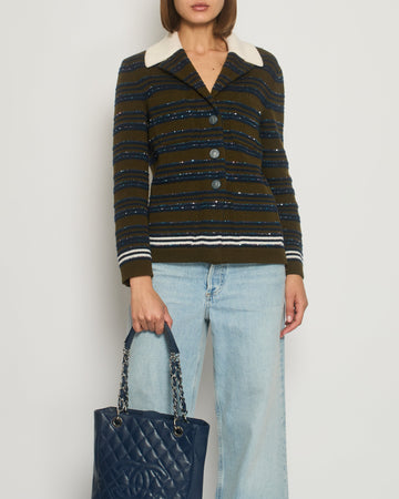 Pearl Street Bags Chanel Runway 2020 Cashmere Striped Long Sleeve Jacket with Sequin Embellishment Detail FR 34 (UK 6)
