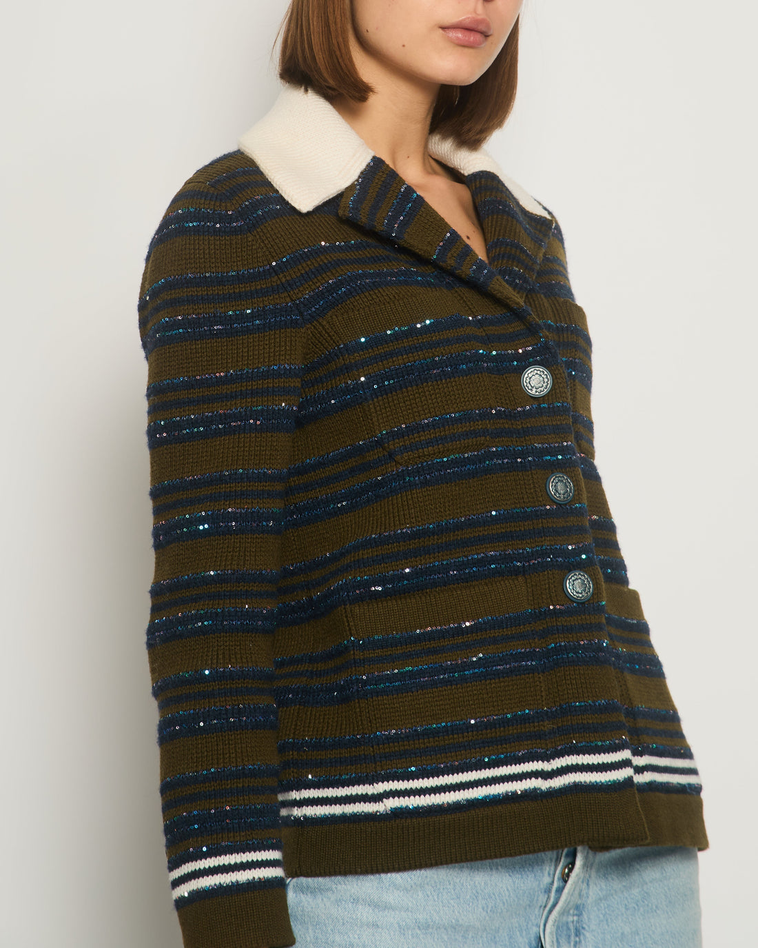 Pearl Street Bags Chanel Runway 2020 Cashmere Striped Long Sleeve Jacket with Sequin Embellishment Detail FR 34 (UK 6)
