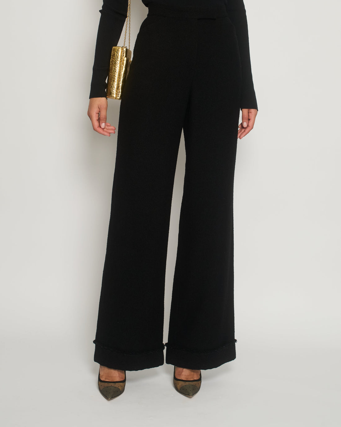 Pearl Street Bags Chanel Black Tweed High-Waist Trors with Frayed Trim Detail FR 38 (UK 10)