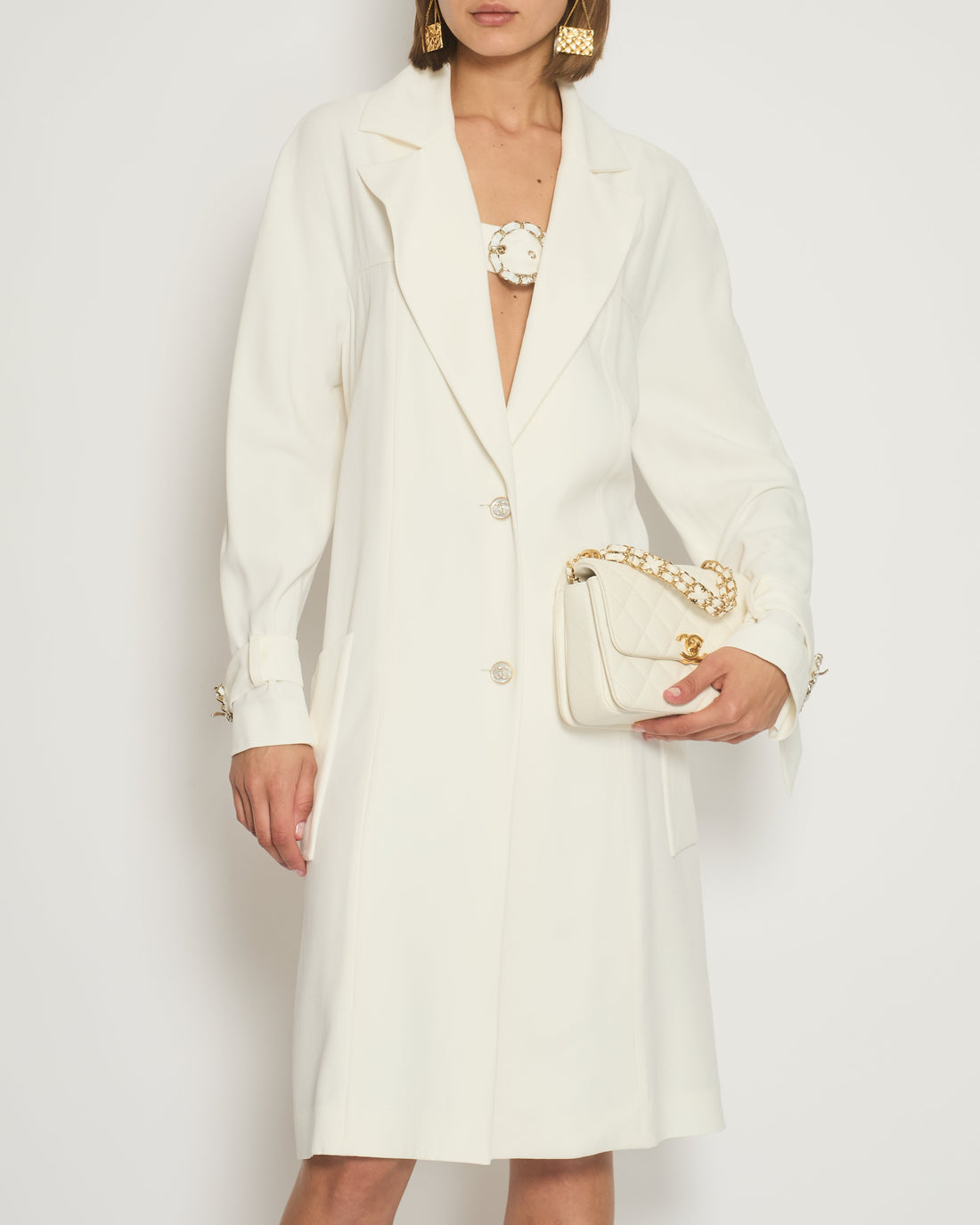 Pearl Street Bags Chanel Cream Long Sleeve Coat with Chain Buckle Fastening Detail FR 38 (UK 10)
