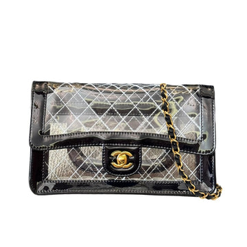 CC FLAP BAG CLEAR VINYL AND LEATHER BLACK 26CM