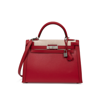 Hermes Kelly 32 Sellier Rouge Piment Leather and Toile Berline Palladium Hardware