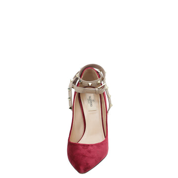 Valentino Red Velvet Rockstud Cross Ankle Strap Pumps 37