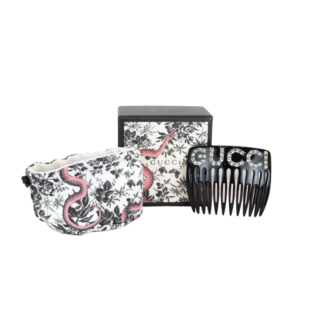 Gucci Crystal Embellished Logo Motif Hair Clip in Black