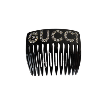 Gucci Crystal Embellished Logo Motif Hair Clip in Black