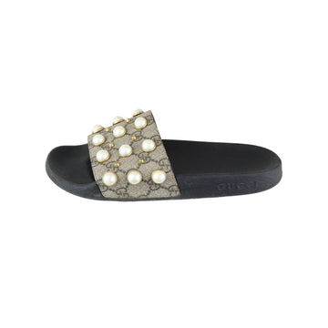 Gucci Pearls Slide Sandals GG Supreme Monogram Beige Size 37