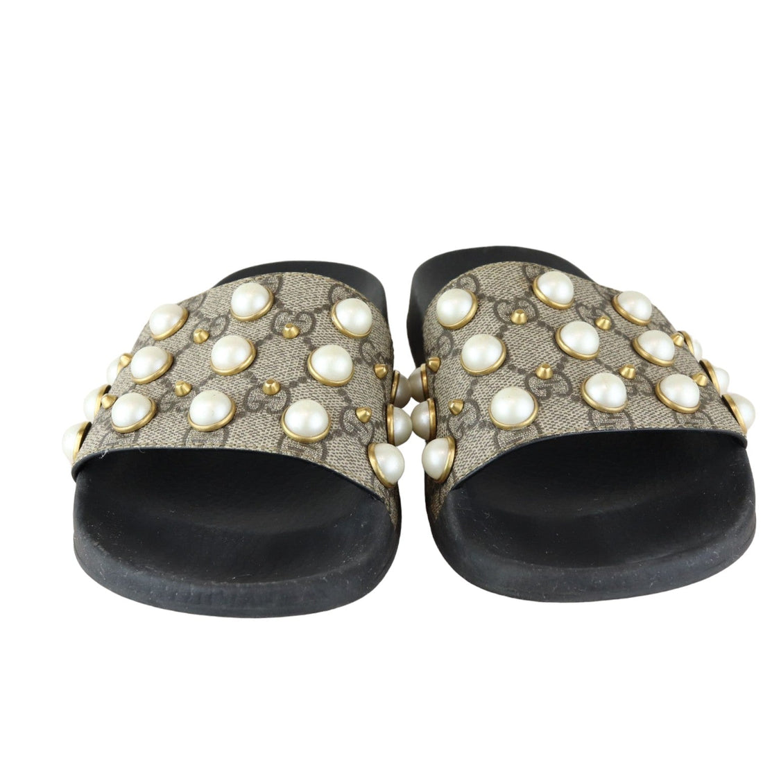 Gucci Pearls Slide Sandals GG Supreme Monogram Beige Size 37