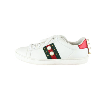 Gucci Web Pearl Studded Women Ace Sneakers CalBNkin White Size 37
