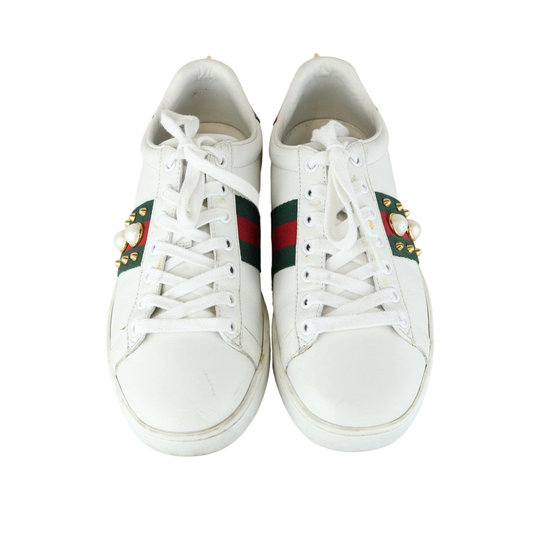 Gucci Web Pearl Studded Women Ace Sneakers CalBNkin White Size 37