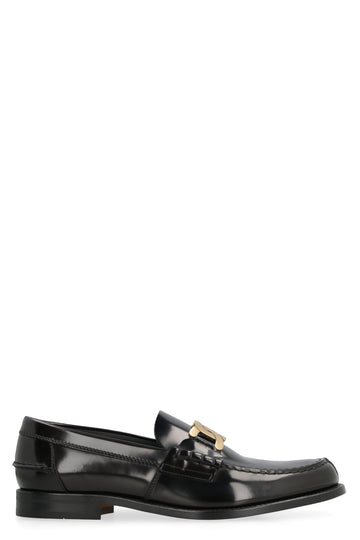 LEATHER CHAIN DETAILED LOGO LOAFERS.