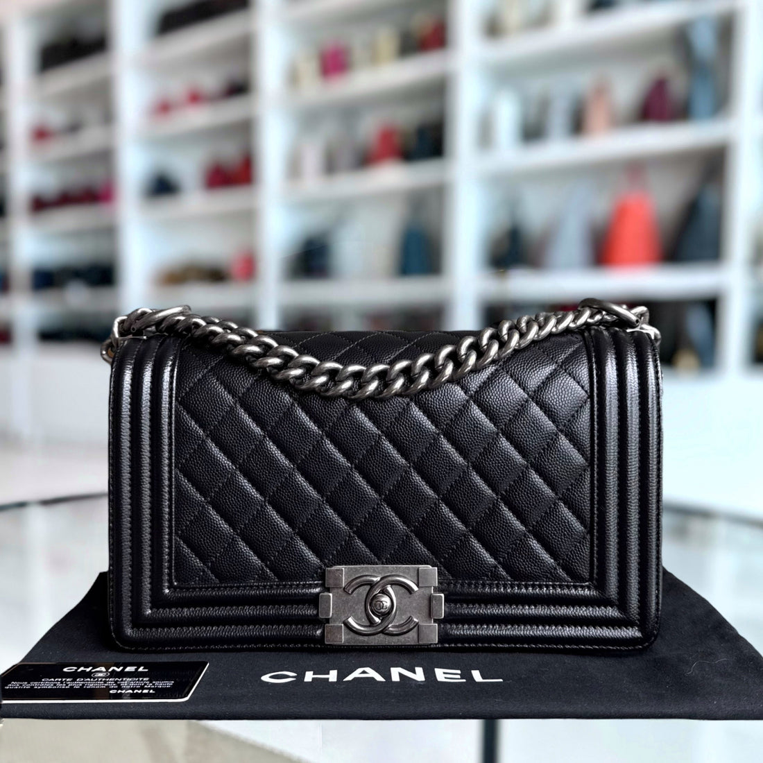 Chanel Boy Medium - Togo/epsom/caviar/clemence/callfskin/cowhide/lambskin 25CM Quilted Black Ruthenium Silver Hardware Series 25