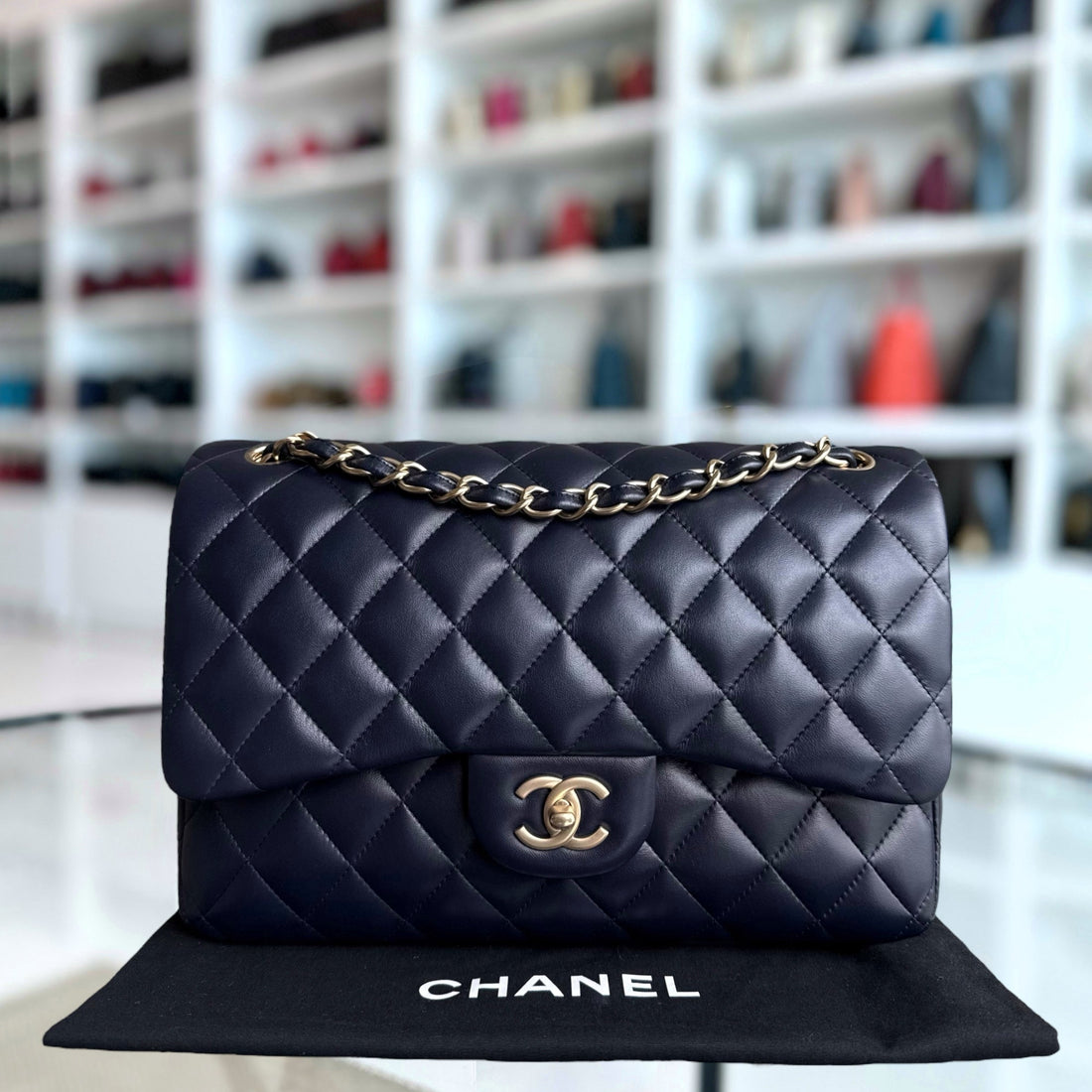 Chanel Classic Flap Jumbo - Double Flap 30CM Quilted Lambskin Dark Blue Gold Hardware Series 20
