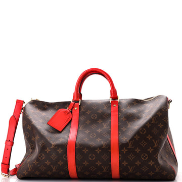 Keepall Bandouliere Bag Monogram Canvas with Coquelicot Leather Trim 50