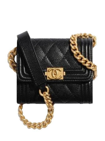 Boy Flap Chain Grained CalBNkin Coin Case Gold Black Chanel