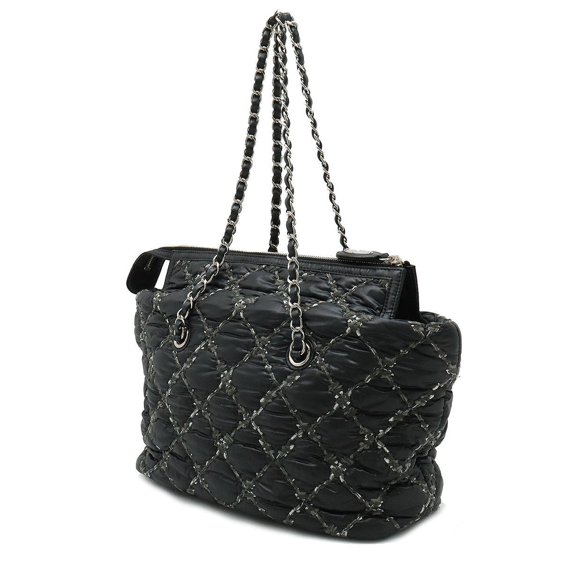 Chanel  Chanel PARIVISANCE KILTING Chain Shoulder Bag Nylon Dark Grey Black Silver  A50633
