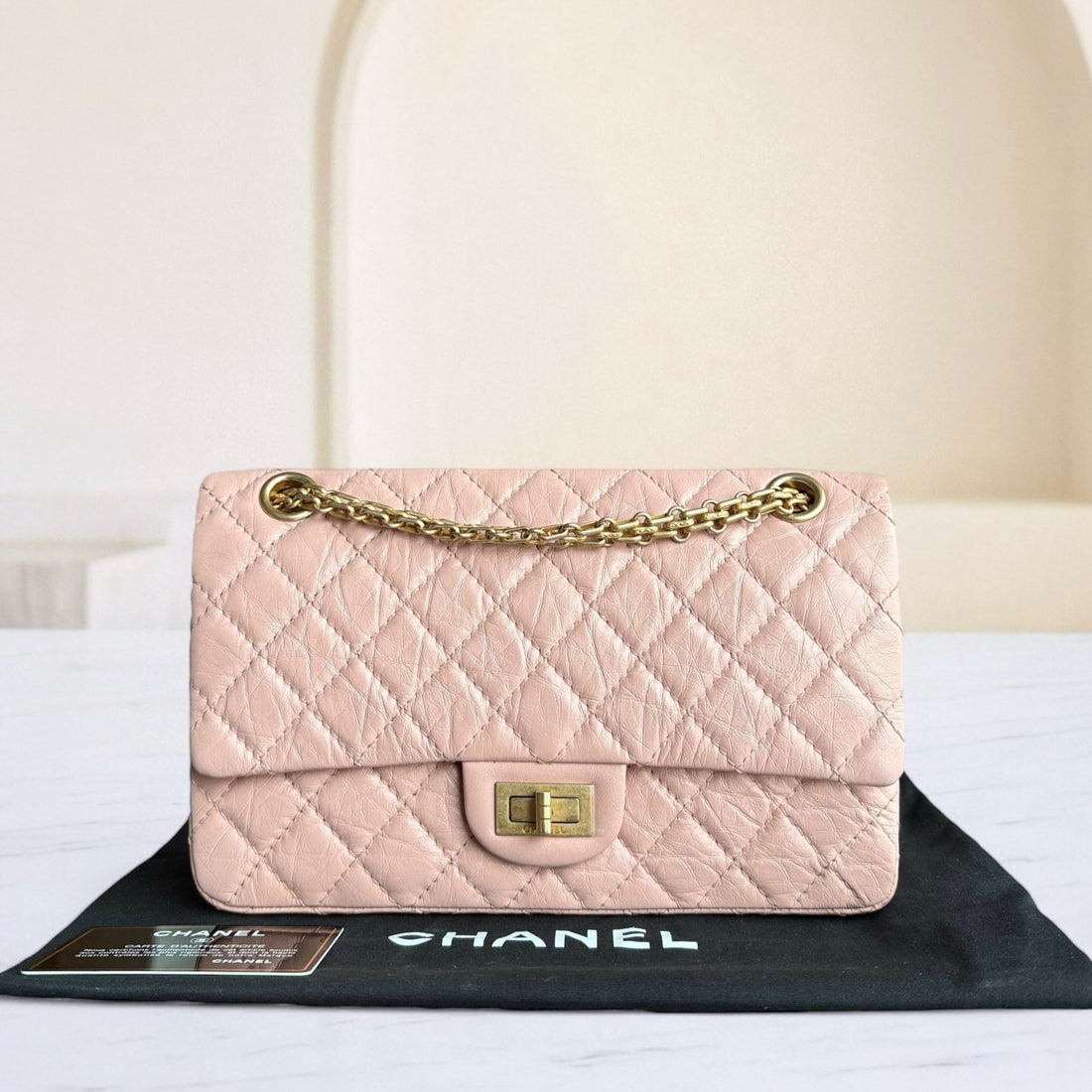 Chanel 2.55 Reissue 225 Small - Sakura Pink Quilted Aged CalBNkin Ruthenium Gold Hardware Series 27