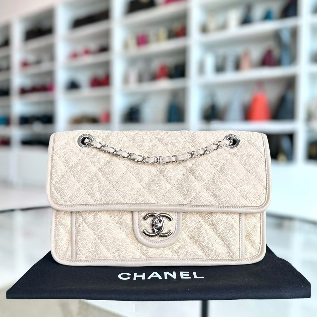 Chanel French Riviera - Togo/epsom/caviar/clemence/callfskin/cowhide/lambskin 29CM Quilted Cream Silver Hardware Series 15