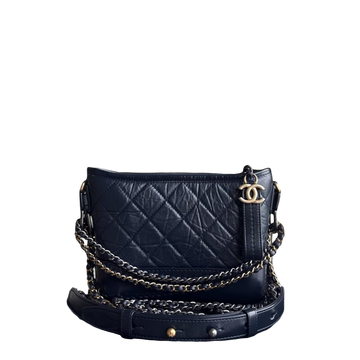 Chanel Gabrielle Small - Quilted CalBNkin Dark Navy Blue Two-tone Gold Hardware Series 28