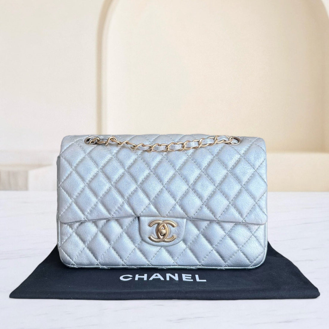 Chanel Classic Flap Medium - 25CM Quilted Lambskin Metallic Silver Gold Hardware Series 12 ()