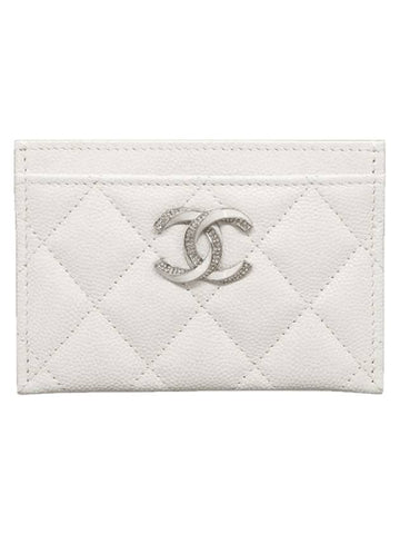 CC Logo Shiny Grained CalBNkin Card Wallet White Chanel