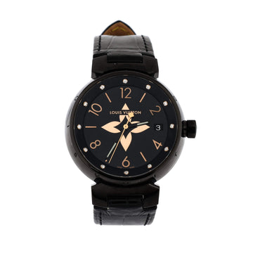 Tambour All Black Quartz Watch PVD Coated Stainless Steel and Alligator with Diamond Markers 34