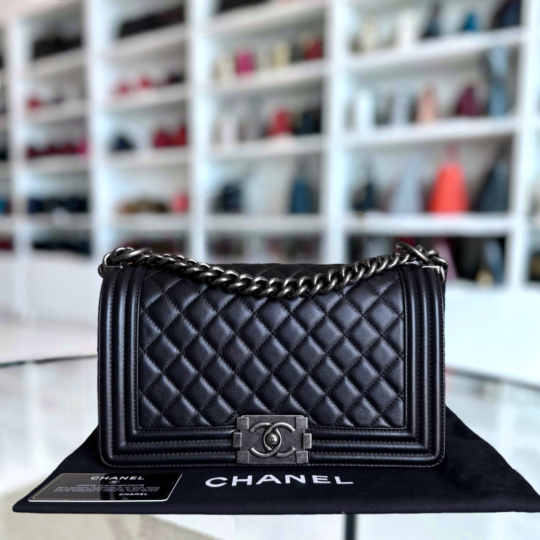 Chanel Boy Medium - Grained CalBNkin 25CM Quilted Black Ruthenium Silver Hardware Series 24