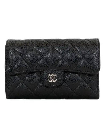 Classic Flap Wallet Grained CalBNkin & Silver Black Chanel