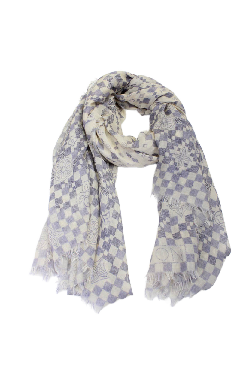 Louis Vuitton Womens Fringe Monogram Logo Cashmere Knit Scarf White Blue 72"x60"