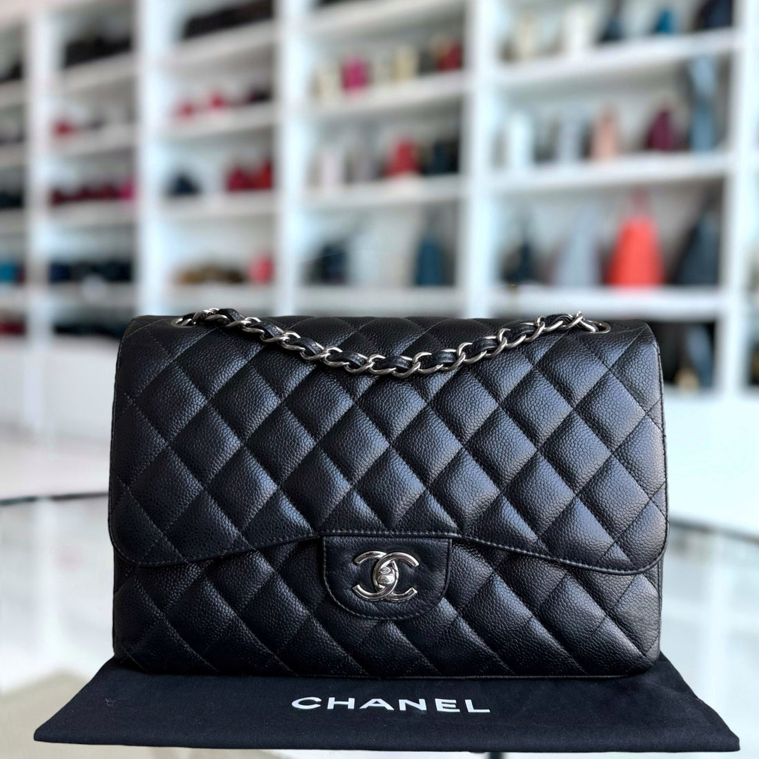 Chanel Classic Flap Jumbo - Togo/epsom/caviar/clemence/callfskin/cowhide/lambskin 30CM Double Flap Quilted Black Silver Hardware Series 18