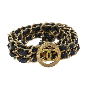 Top Quality Chanel Chain Belt Metal Leather Gold Tone Black CC Auth ar9801B