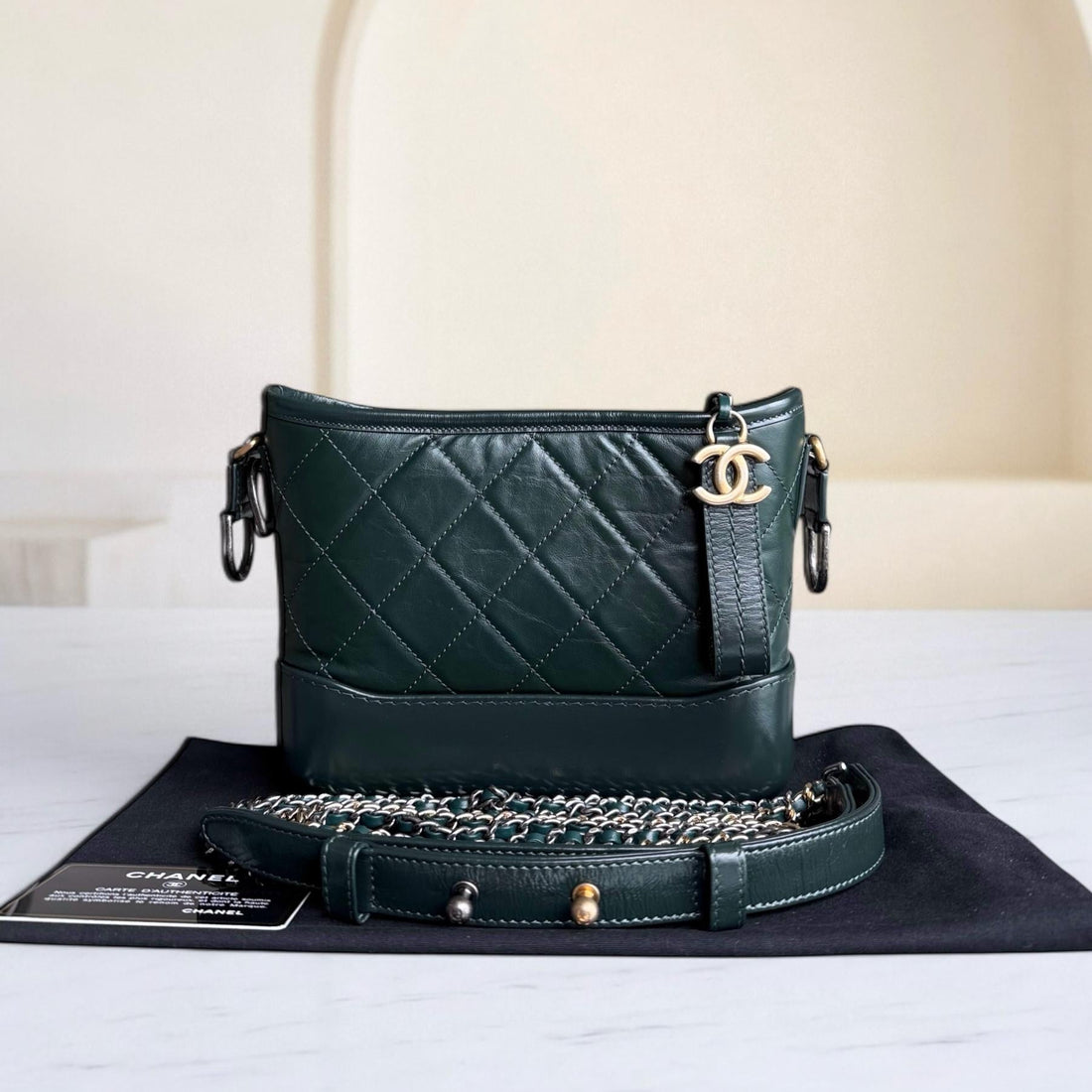 Chanel Gabrielle Small - Quilted CalBNkin Dark Green Gold Hardware Series 26