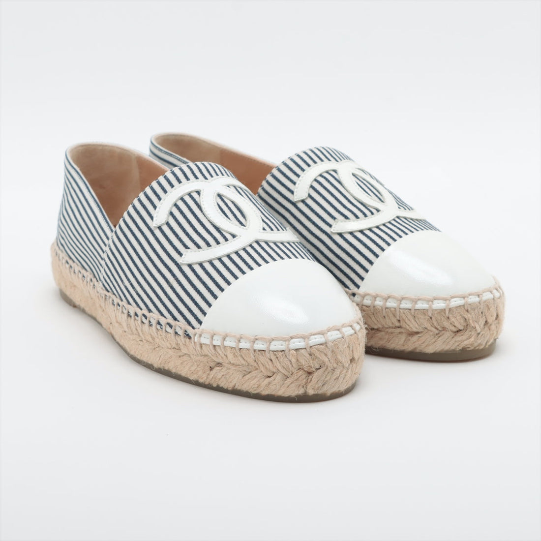 Chanel Coco Leather X Fabric Espadrille 35  Navy X White G29762 Stripe  Bag