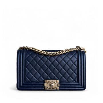 Chanel Boy Medium - Togo/epsom/caviar/clemence/callfskin/cowhide/lambskin 25CM Quilted Dark Navy Blue Gold Hardware Series 24