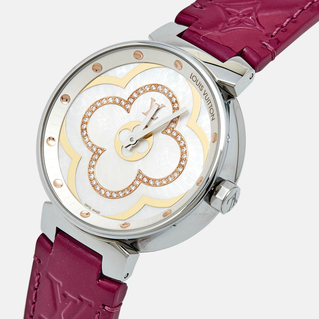 Louis Vuitton Mother Of Pearl Diamond Stainless Steel Leather Tambour Qa019 Women's Wristwatch 35Mm