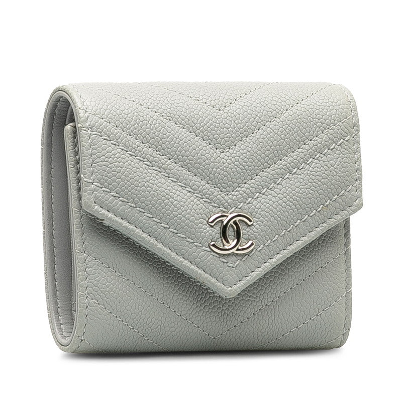 Chanel V titch Cocono mark Three Folded Wallet Compact Wallet Grey Caviar S  CHANEL