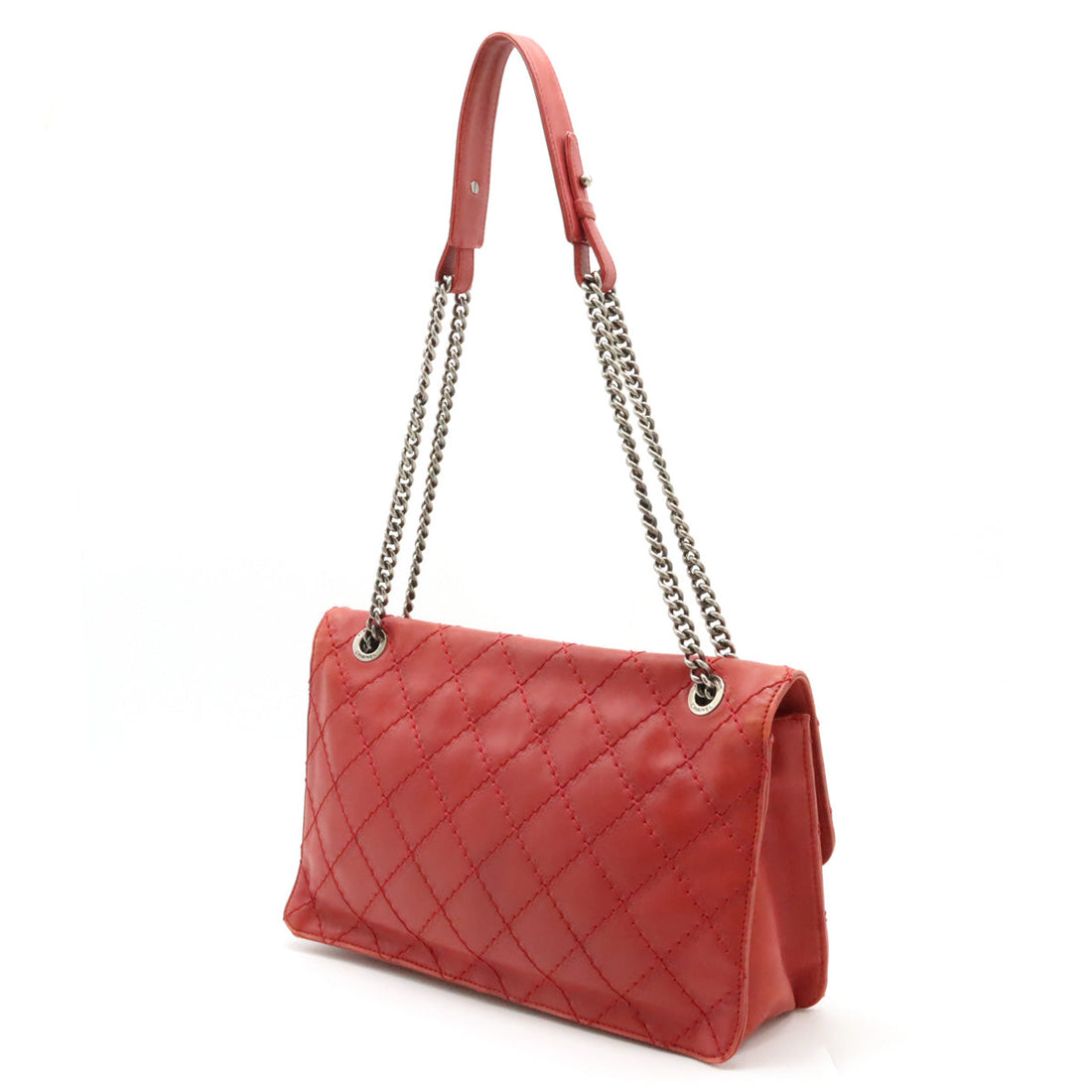 Chanel  Chanel 2.55 Matrasse W Chain Bag Half-Sharp Handbag Semi-Sharp Leather Red Silver Gold  Blumin