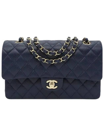 Classic Grained CalBNkin Medium Shoulder Bag Navy Chanel
