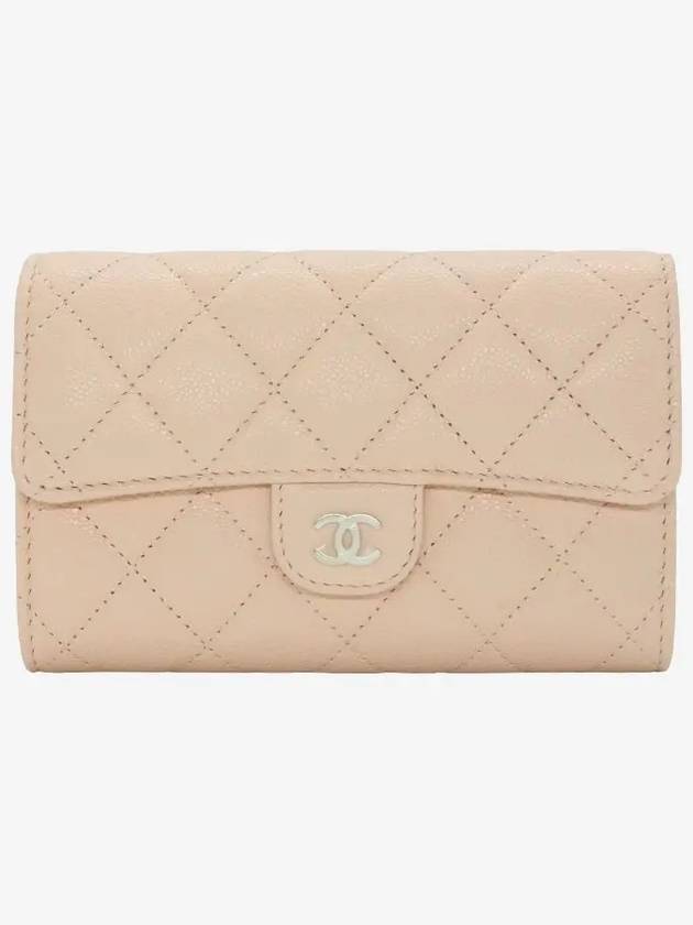 Classic Gold Logo Flap Grained Shiny CalBNkin Half Wallet Beige Chanel