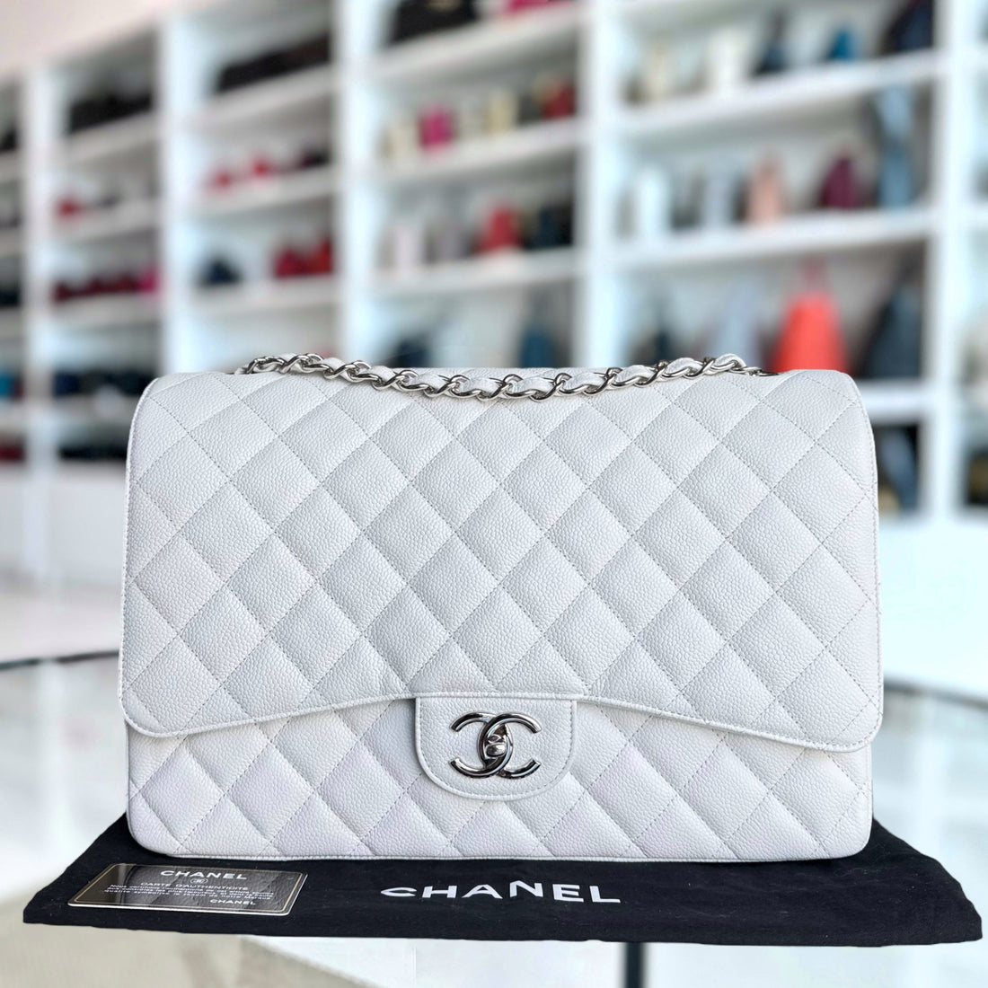 Chanel Classic Flap Maxi - Togo/epsom/caviar/clemence/callfskin/cowhide/lambskin Double Flap 33CM Quilted White Silver Hardware Series 14
