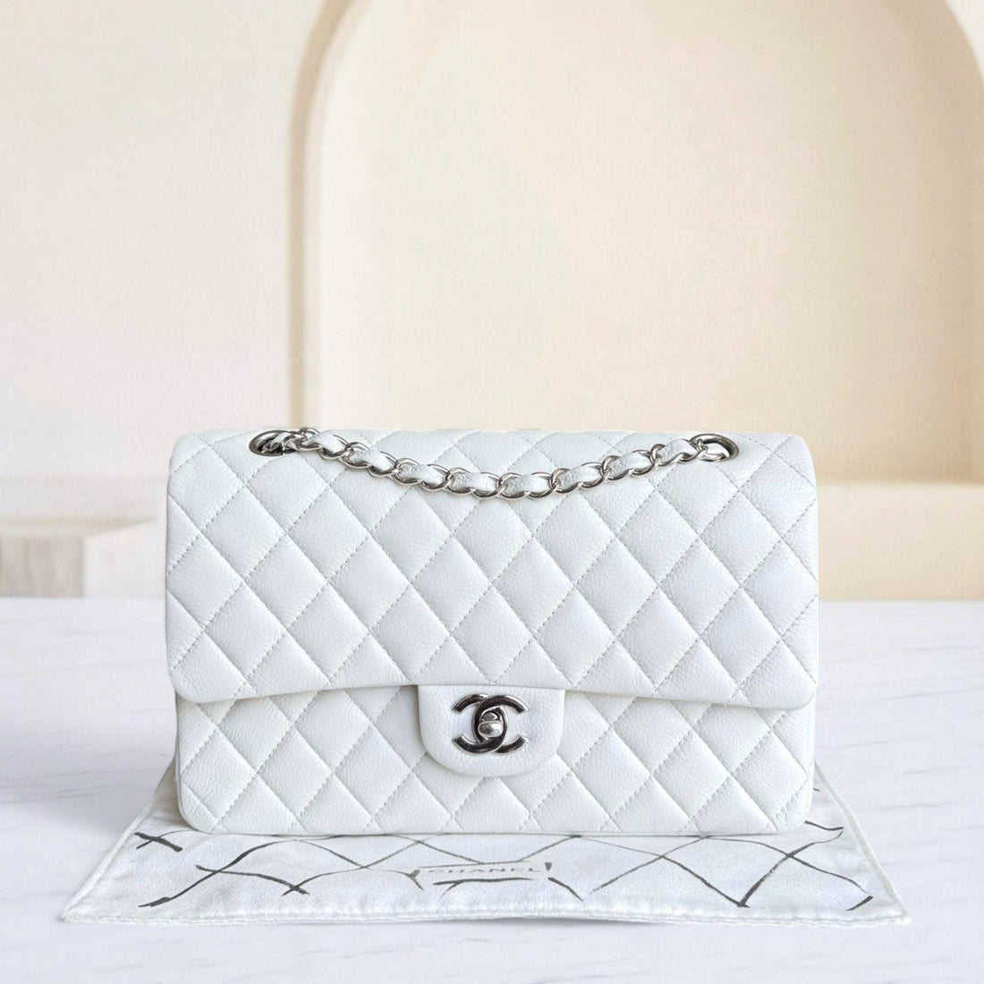 Chanel Classic Flap Medium - Togo/epsom/caviar/clemence/callfskin/cowhide/lambskin 25CM Quilted White Silver Hardware Series 18