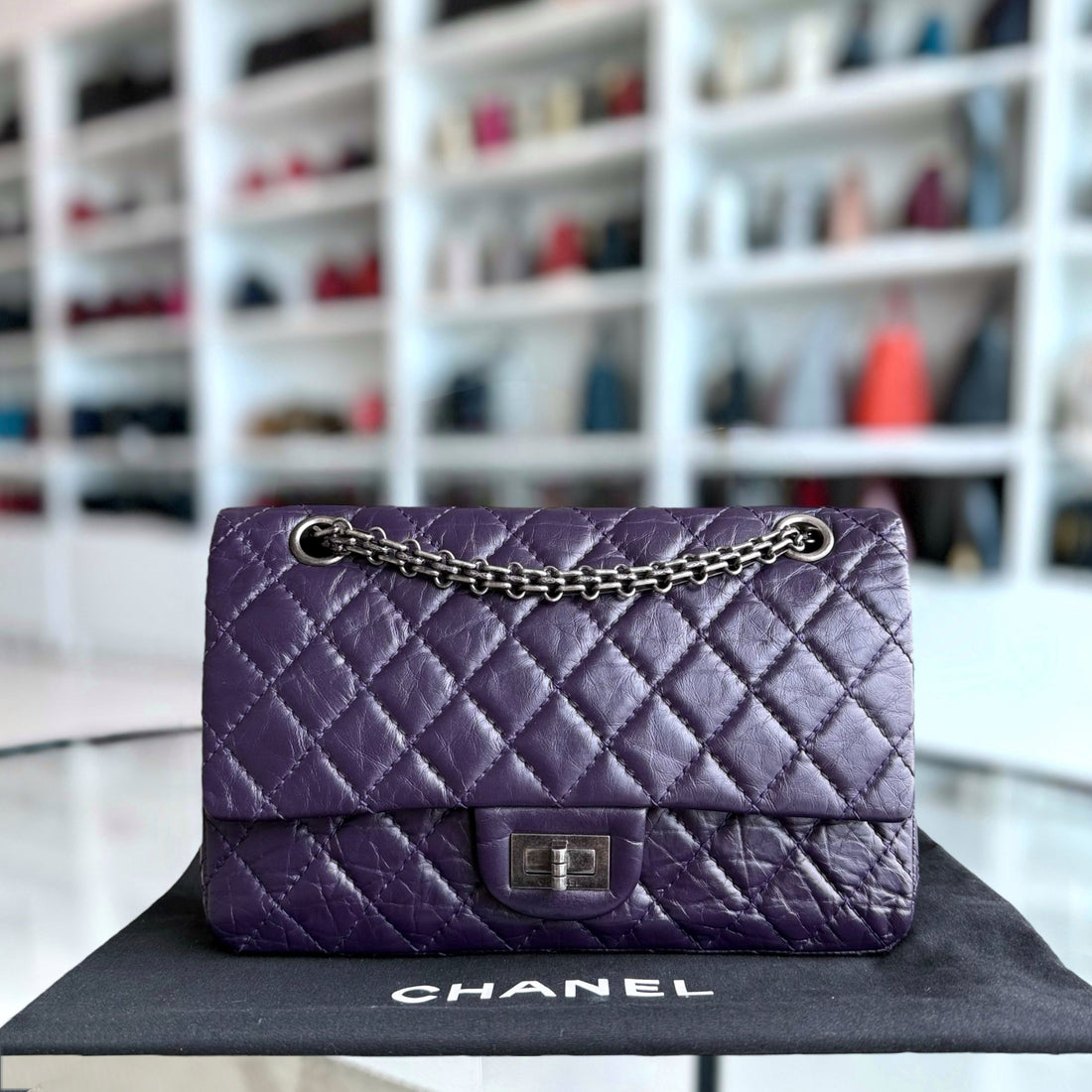Chanel 2.55 Reissue 224 - Quilted Aged CalBNkin Dark Violet Purple Aged Silver Hardware Series 17
