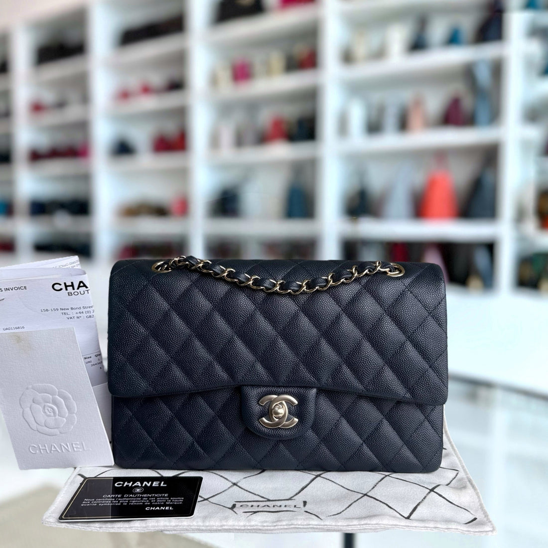 Chanel Classic Flap Medium - Togo/epsom/caviar/clemence/callfskin/cowhide/lambskin 25CM Quilted Dark Navy Blue Light Gold Hardware Series 26