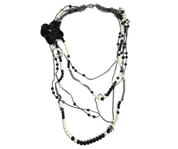 Top Quality Chanel Black CC Beaded Flower Pin Black Bead Pearl 5 Strand Necklace