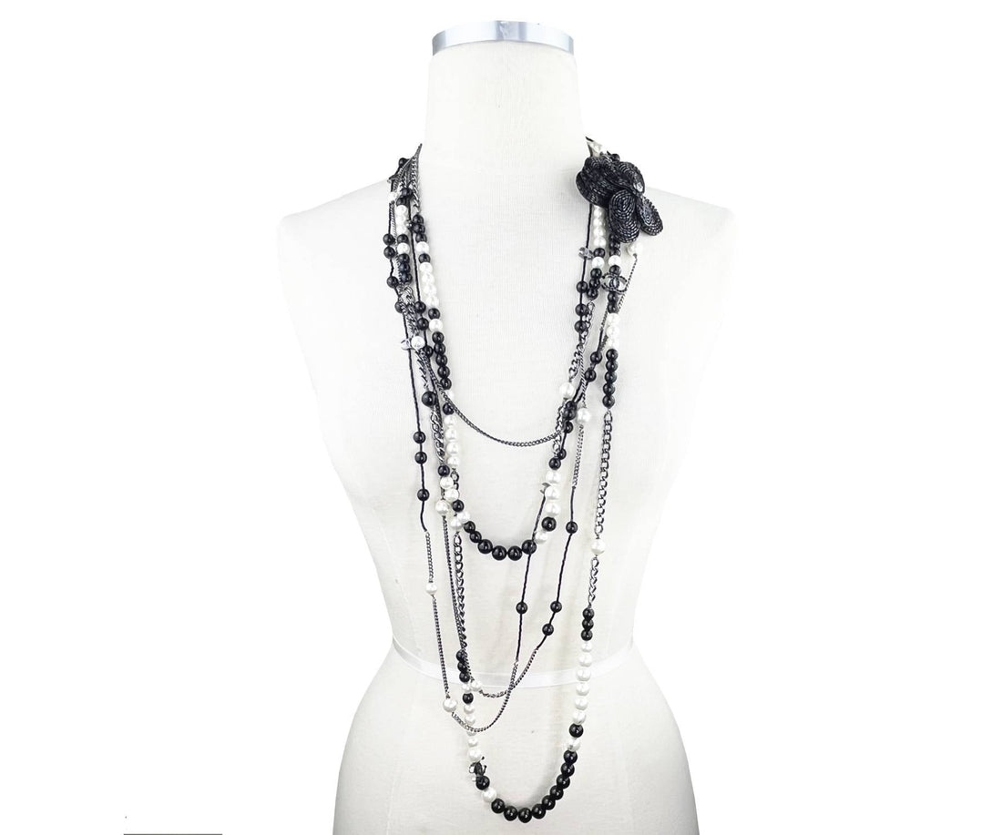 Chanel Black CC Beaded Flower Pin Black Bead Pearl  Strand Necklace