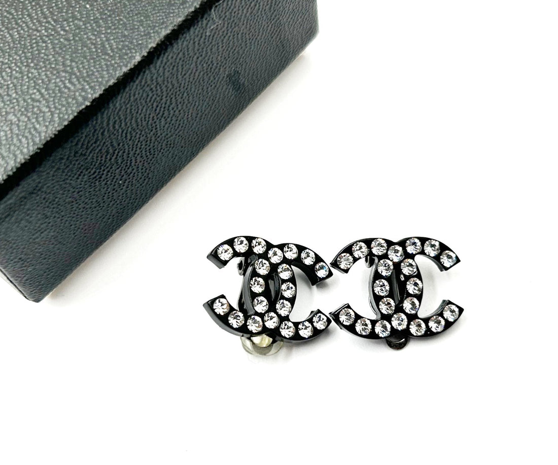 Chanel Black CC Crystal Large Clip on Earrings