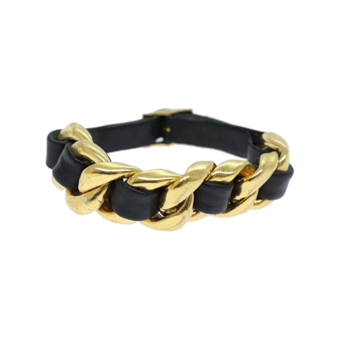 Top Quality Chanel Bracelet Metal Leather Gold Black CC Auth bs13971