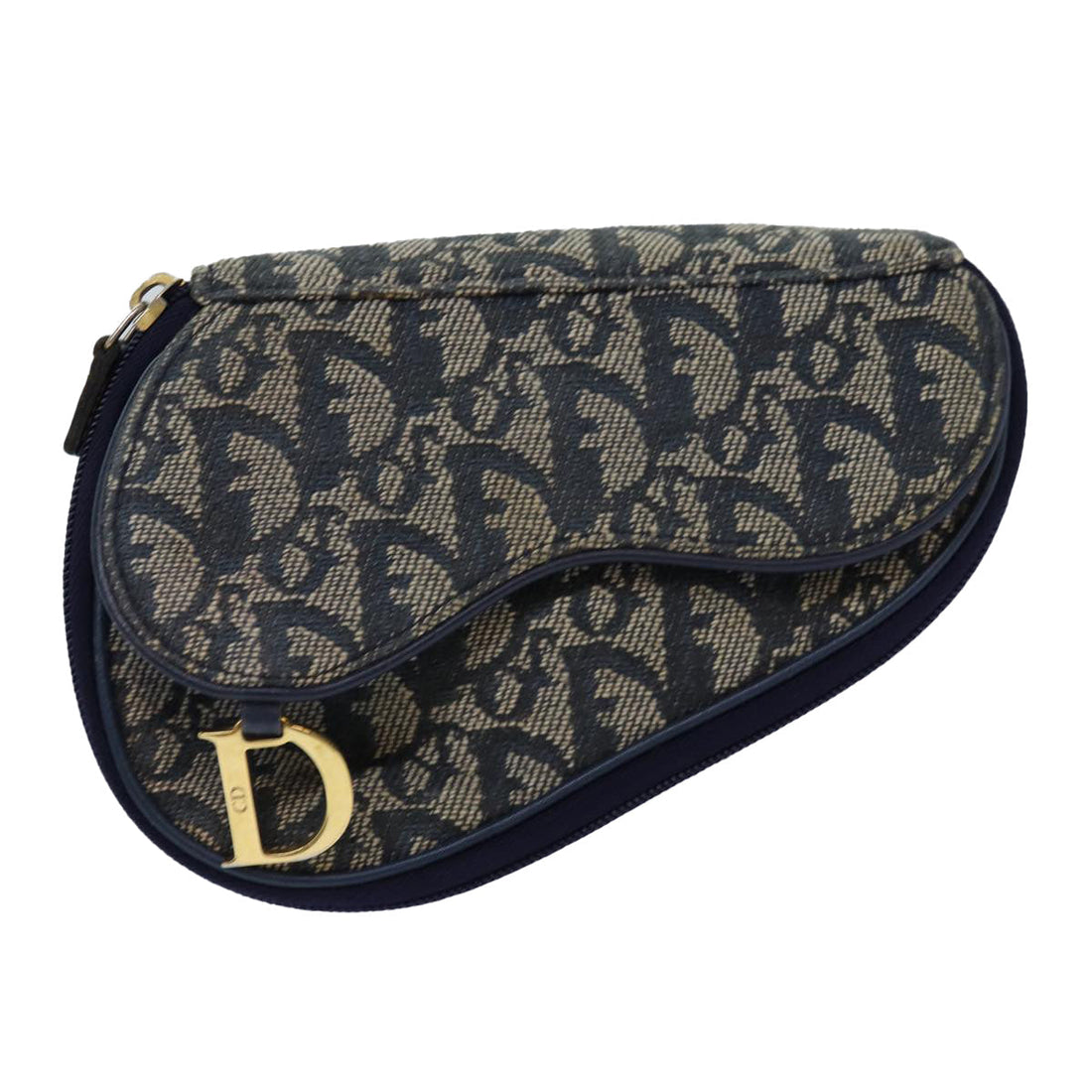 CHRISTIAN Top quality Dior Trotter Canvas Saddle Pouch Navy Gold Auth bs16602
